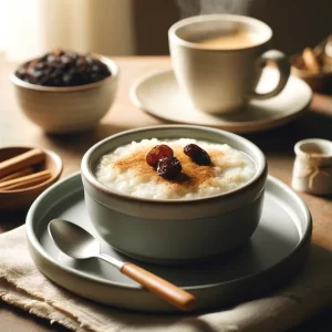 image of a bowl of rice pudding with raisins by owlcreek.ca made in DALL-E