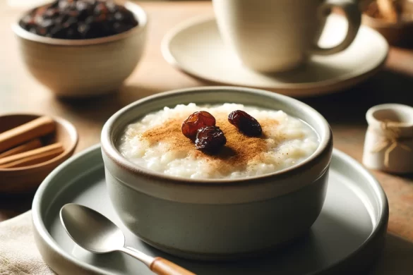 image of a bowl of rice pudding with raisins by owlcreek.ca made in DALL-E