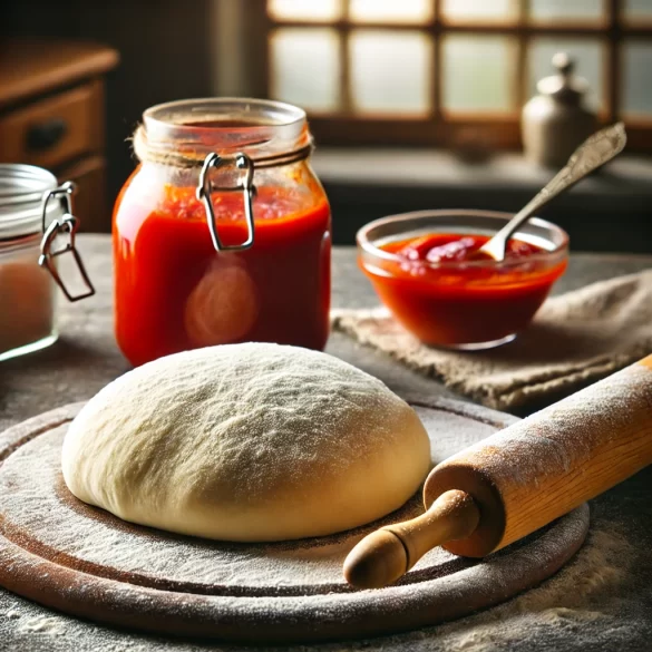 an image of a ball of pizza dough ready to make made into pizza crusts with a jar and bowl of pizza sauce nearby by owlcreek.ca made in DALL-E