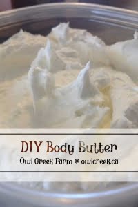 Close-up of creamy DIY body butter in a container with text overlay, handcrafted by Owl Creek Farm.