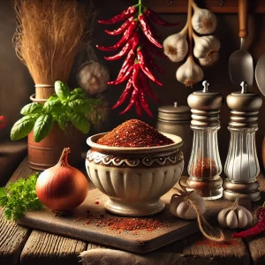 an image with a bowl of Chili Seasoning in the center, surrounded by ingredients like onions, garlic, peppers, salt, and herbs by owlcreek.ca made in DALL-E