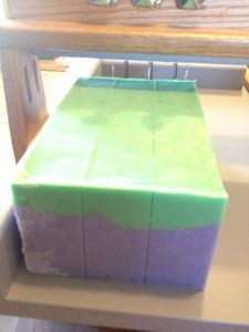 The soap after it's been removed from the mold and cut into mini loaves.