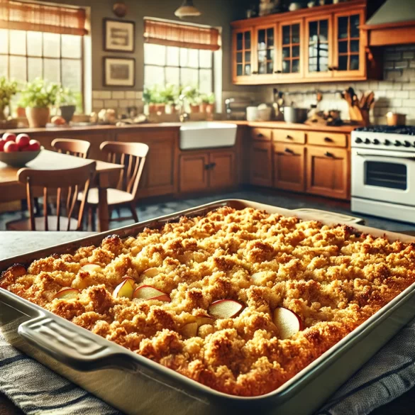 an image of an apple crisp, or cobbler, in a kitchen setting by owlcreek.ca made in DALL-E