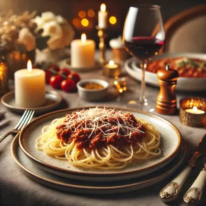 A photo of a plate of spaghetti noodles topped with a tomato and meat sauce by owlcreek.ca