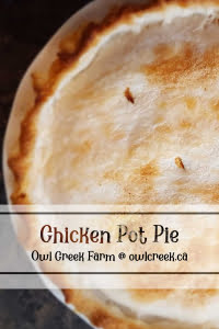 A close-up of a golden-brown chicken pot pie with text: Chicken Pot Pie by Owl Creek Farm, @ owlcreek.ca.
