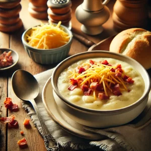an image of a bowl of potato soup that has bacon and cheese in it, and a roll next to it by Owl Creek Farm made in DALL-E