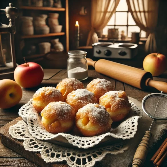 A DALL-E created image of a plate of apple fritters displayed in a rustic kitchen by owlcreek.ca