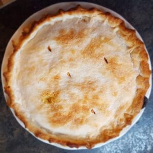 a photo of the golden brown top crust of a pie by owlcreek.ca