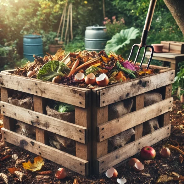 An image of a compost bin made of pallets and filled with green and brown matter by Owl Creek Farm made in DALL-E