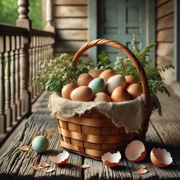 an image of a basket of eggs and eggshells by Owl Creek Farm made in DALL-E