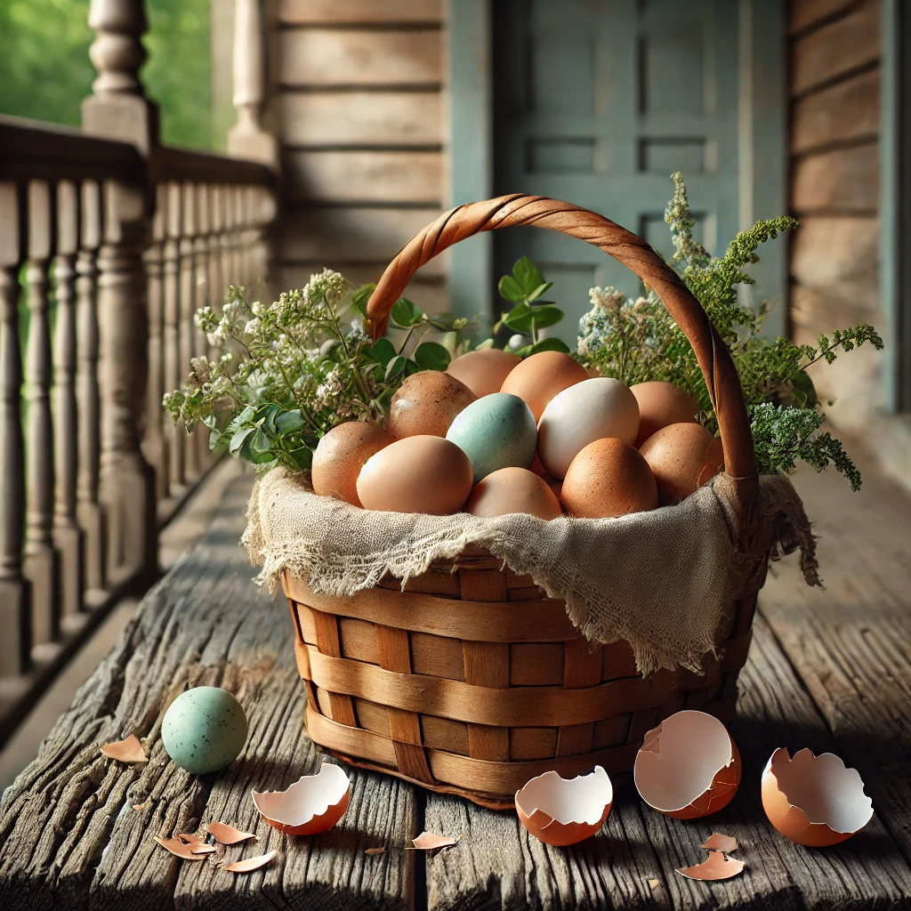 an image of a basket of eggs and eggshells by Owl Creek Farm made in DALL-E