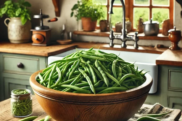 an image of a bowl of freshly picked green beans in a wooden bowl on a kitchen countertop
