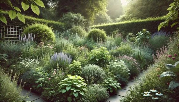 an image of growing herbs in a wild herb garden by owlcreek.ca made in DALL-E