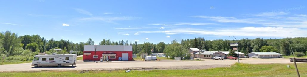 Image of Little Smoky, Alberta with a general store and restaurant visible, taken from Google Maps