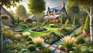 An image of a landscaped backyard with a stone path and ornamental plants, made in DALL-E