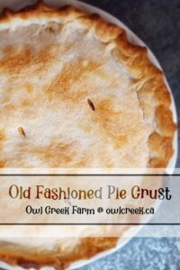 a photo of the golden brown top crust of a pie with the test Old Fashioned Pie Crust by owlcreek.ca