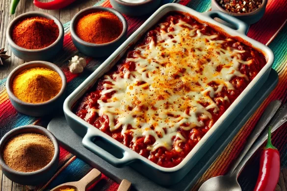 an image of a enchilada casserole surrounded by spices by owlcreek.ca Made in DALL-E